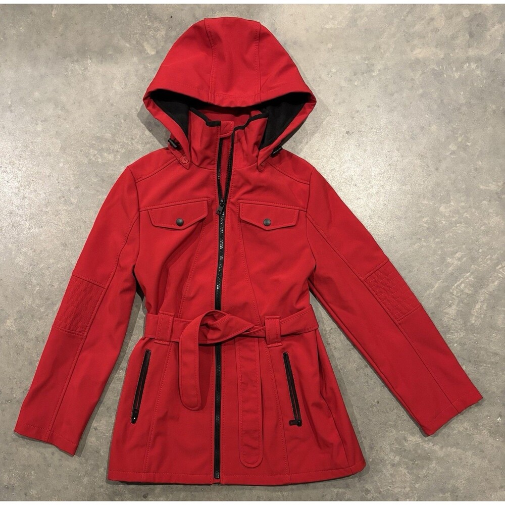 London Fog Active Red Womens Small Jacket Sporty Belted Hooded Fleece Lined